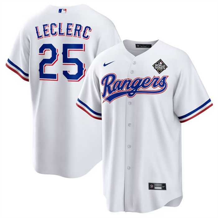 Men's Texas Rangers #25 Jose Leclerc White 2023 World Series Stitched Baseball Jersey Dzhi